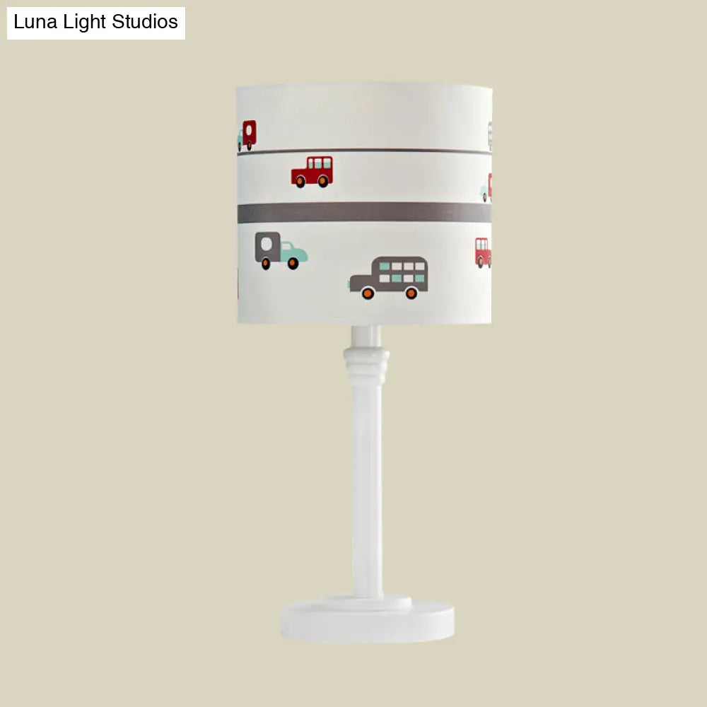 Contemporary White Drum Nightstand Table Lamp With Fabric Shade