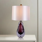 Contemporary White Drum Table Light With Teardrop Red Crystal Base - Small Desk Lamp