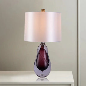 Contemporary White Drum Table Light With Teardrop Red Crystal Base - Small Desk Lamp