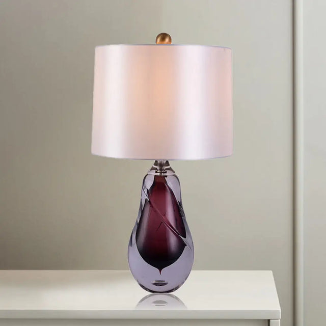 Contemporary White Drum Table Light With Teardrop Red Crystal Base - Small Desk Lamp
