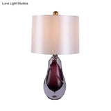 Contemporary White Drum Table Light With Teardrop Red Crystal Base - Small Desk Lamp