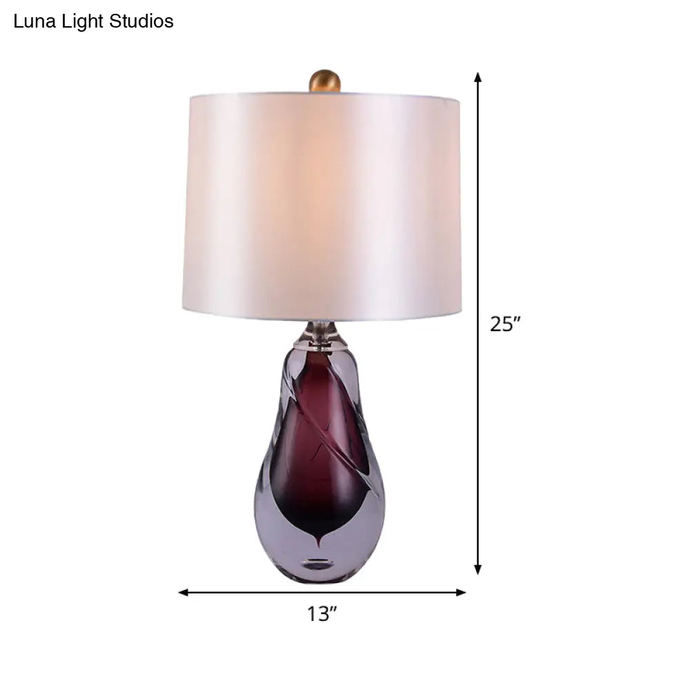 Contemporary White Drum Table Light With Teardrop Red Crystal Base - Small Desk Lamp