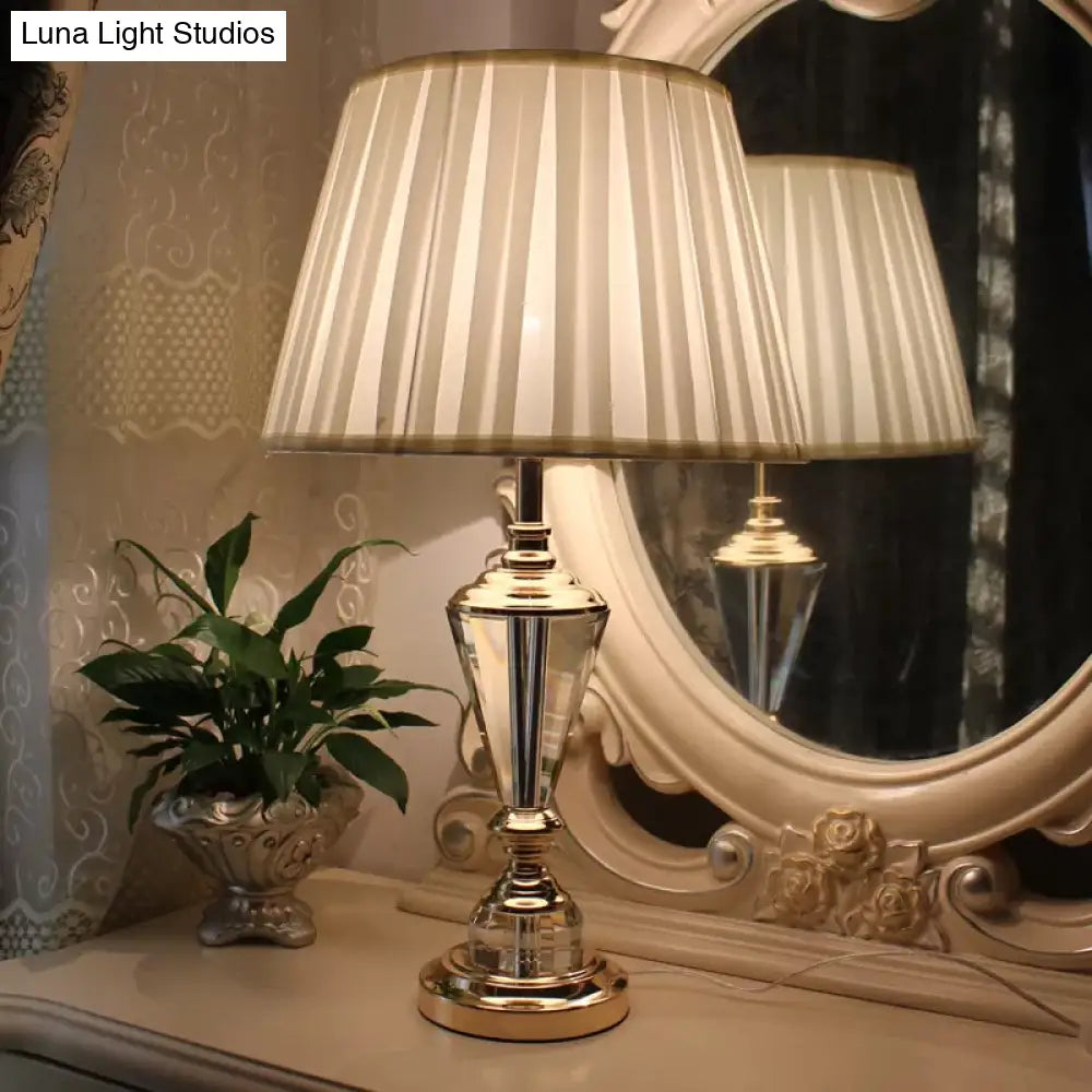 Contemporary White Fabric Study Lamp - Tapered Head Crystal Beveled Font Perfect For Reading