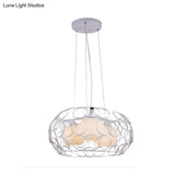 Contemporary White Glass Chandelier With Cage Design - 3-Light Hanging Ceiling Lamp