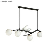 Contemporary White Glass Island Light Pendant With Birds - 4-Head Dining Room Fixture Adjustable