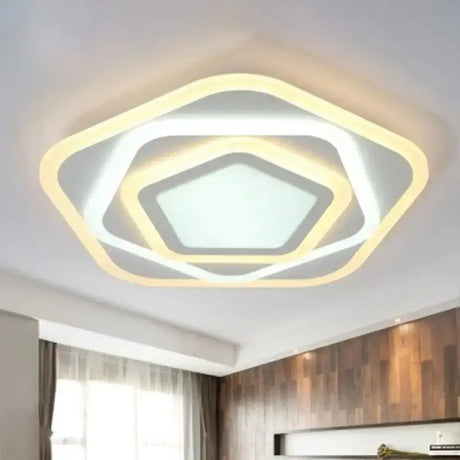 Contemporary White Layered Pentagon Led Flush Light - Warm/White Ceiling Mount Lamp 8’/19.5’