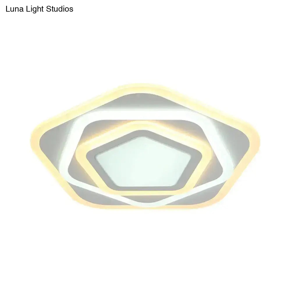 Contemporary White Layered Pentagon Led Flush Light - Warm/White Ceiling Mount Lamp 8’/19.5’ Wide