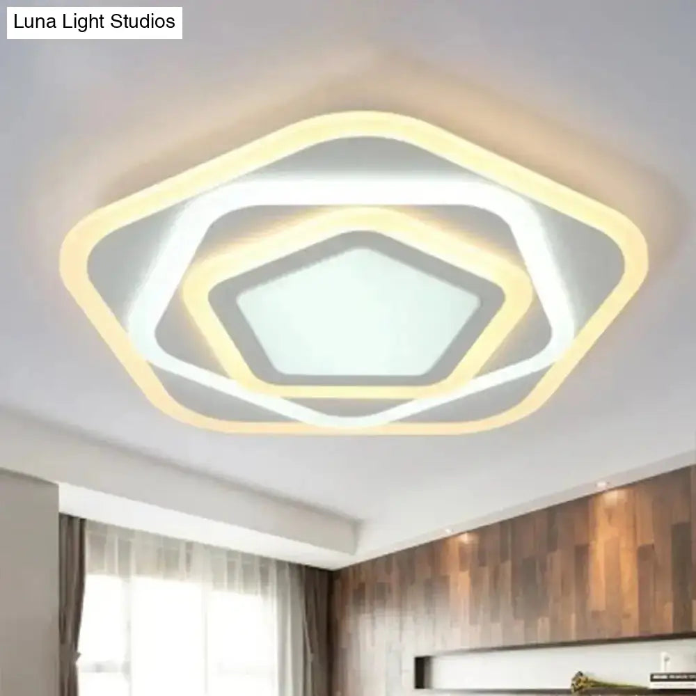 Contemporary White Layered Pentagon Led Flush Light - Warm/White Ceiling Mount Lamp 8’/19.5’ Wide
