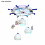 Contemporary White Led Flush Mount Fixture With Carved Glass Dome Shade And Metallic Rudder Light