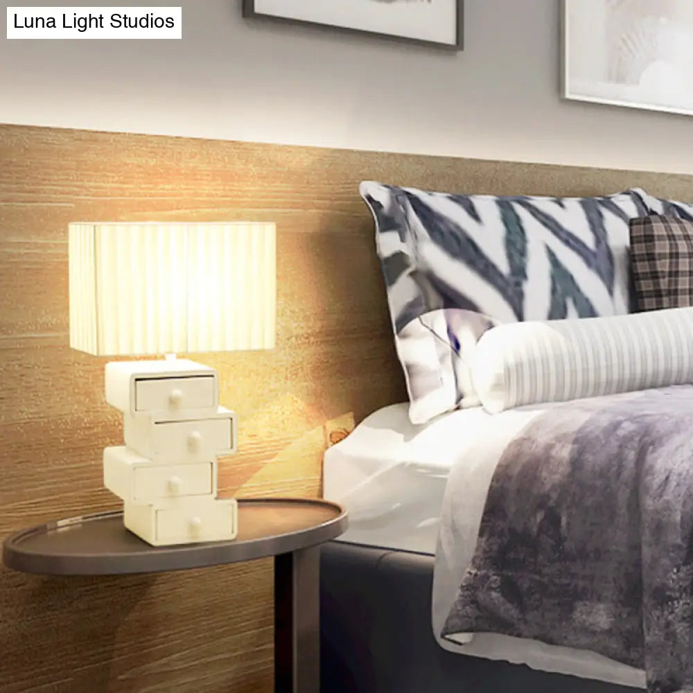 Contemporary White Nightstand Lamp With Drawer - Rectangle Fabric Table Light