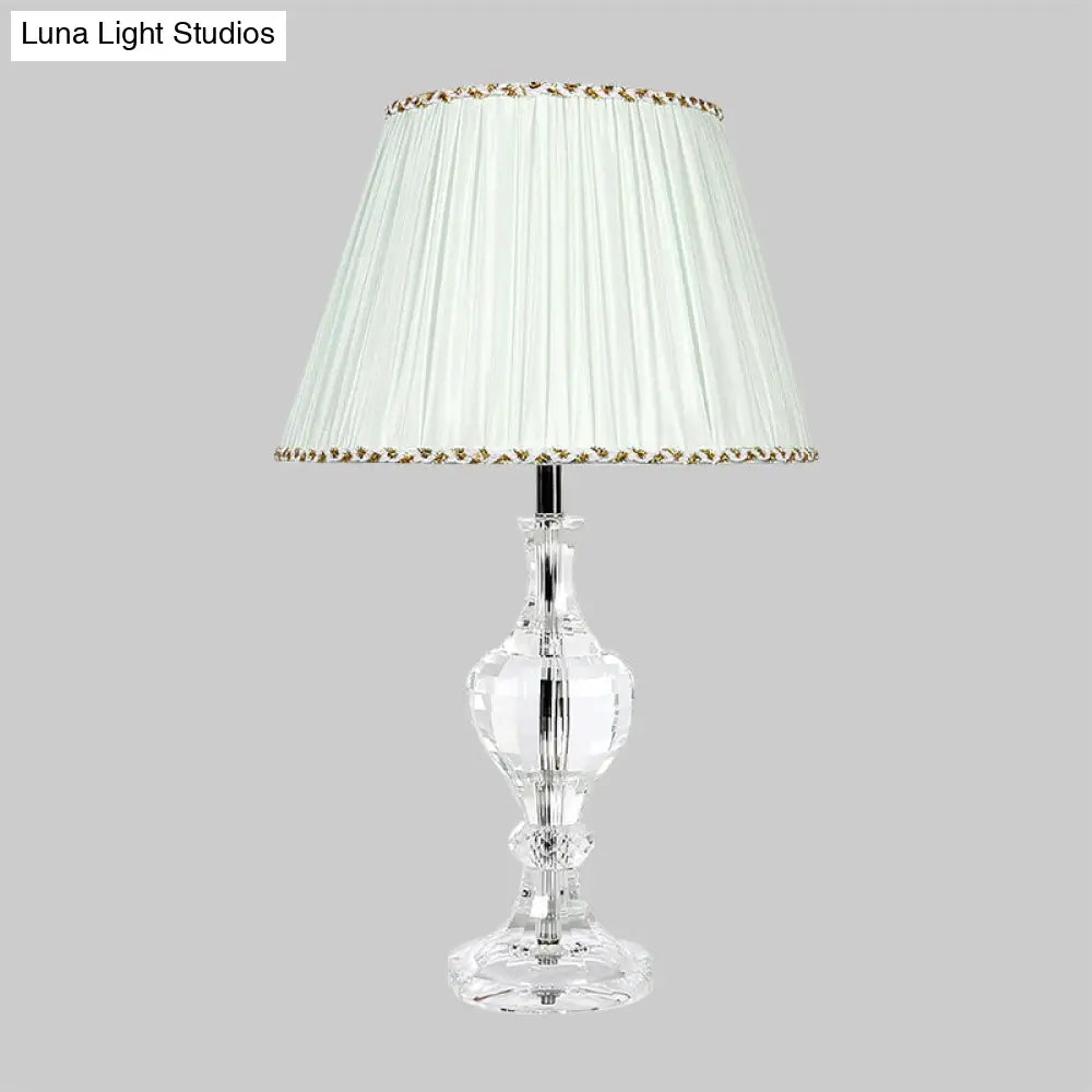 Contemporary White Pleated Shade Table Lamp With Beveled Crystal Prism Nightstand Light