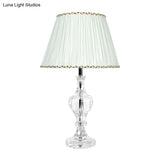 Contemporary White Pleated Shade Table Lamp With Beveled Crystal Prism Nightstand Light