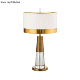 Contemporary White Table Lamp With Crystal Base - Drum Fabric Shade Nightstand Light