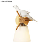 Contemporary White Wall Light With Bird Design For Library: Frosted Glass Tapered Shade Lamp
