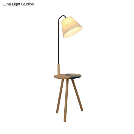 Contemporary White Wood Standing Lamp With Fabric Shade - Single Floor Table Light