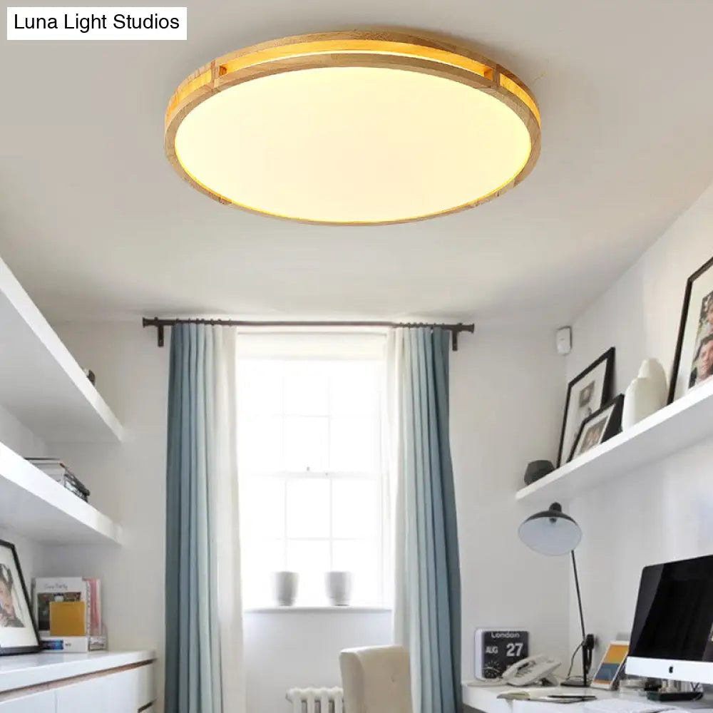 Contemporary Wood Beige Led Flush Mount Lamp - 14’/16’/19.5’ Dia Circle With Acrylic Diffuser