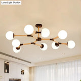 Contemporary Wood Branch Chandelier With White/Black/Gold Finish 3/6/9 Lights And White Glass Shade