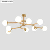 Contemporary Wood Branch Chandelier With White/Black/Gold Finish 3/6/9 Lights And White Glass Shade