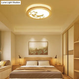 Contemporary Wood Led Ceiling Lamp With Carved Moon And Star Design - Natural Flush Mount Light For