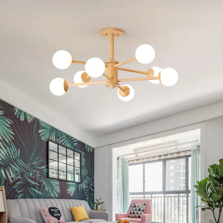 Contemporary Wooden Starburst Chandelier With Glass Ball Shade - Natural Wood Finish 6/8/12 Lights