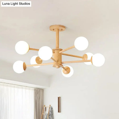 Contemporary Wooden Starburst Chandelier With Glass Ball Shade - Natural Wood Finish 6/8/12 Lights