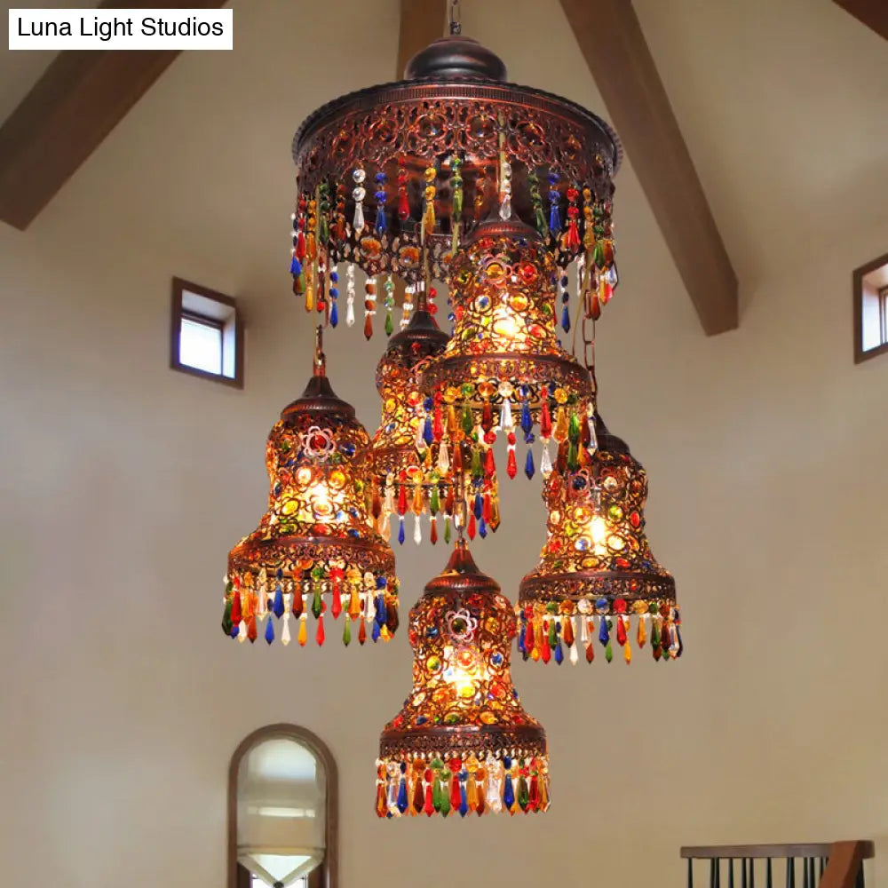 Copper Curved 5-Bulb Ceiling Chandelier - Art Deco Pendant For Bedroom Lighting