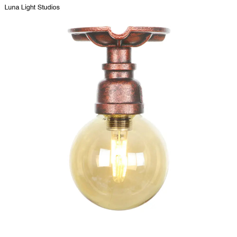 Copper Finish Semi Flush Mount Vintage Ceiling Lamp With Amber Glass Orb
