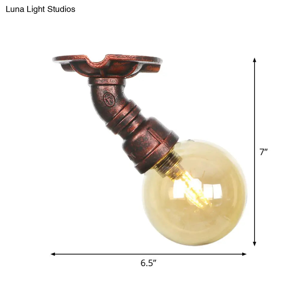 Copper Finish Semi Flush Mount Vintage Ceiling Lamp With Amber Glass Orb