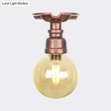 Copper Finish Semi Flush Mount Vintage Ceiling Lamp With Amber Glass Orb