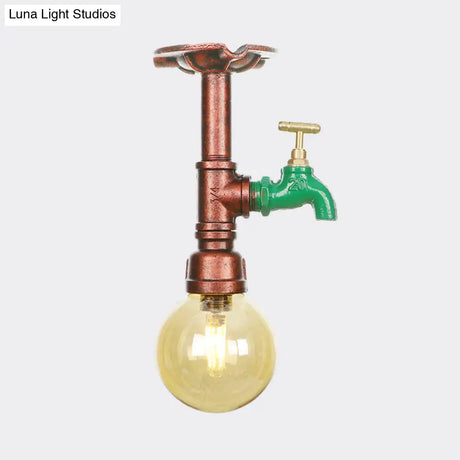 Copper Finish Semi Flush Mount Vintage Ceiling Lamp With Amber Glass Orb