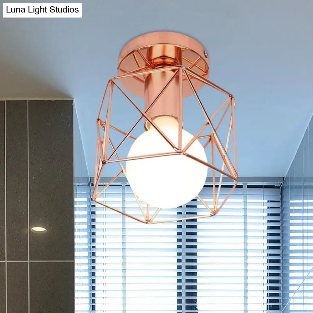 Copper Iron Loft Style Semi Flush Mount Light With Geometric Cage Shade - Bedroom Ceiling Fixture