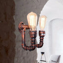 Copper Metal Wall Sconce With Antiqued Piping - 2 Lights For Stairway