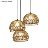 Corridor Hanging Light Fixture With Rattan Shade - Chic Black/Beige Suspended Lamp