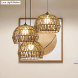 Corridor Hanging Light Fixture With Rattan Shade - Chic Black/Beige Suspended Lamp