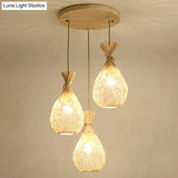 Cottage Bamboo Cluster Pendant Light Fixture - Wood Teardrop Shape 3 Heads