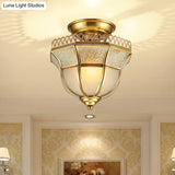 Cottage Crackle Brass Ceiling Lamp With Milky Glass Inverted Bell Semi Mount