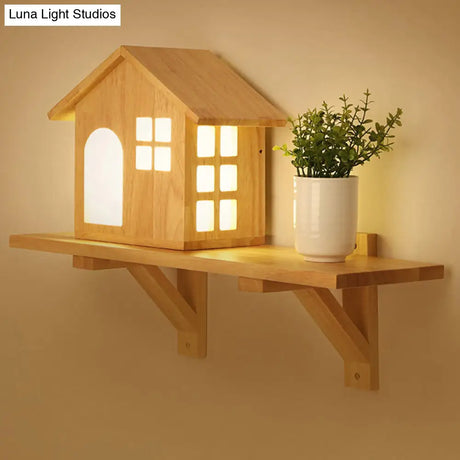 Cottage Led Wall Sconce With Decorative Wood Accent & Shelf For Bedroom Lighting