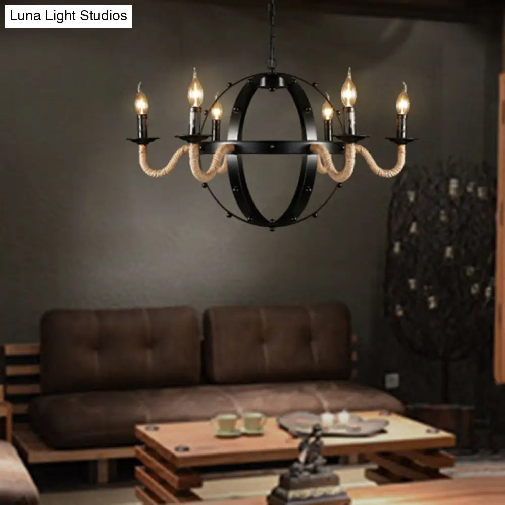Country Black Metal Chandelier Pendant Light With 6 Candle Lights For Dining Room Ceiling