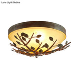 Country Brown Flush Mount Lighting With Dome Frosted Glass Shade - 3 - Light Bedroom