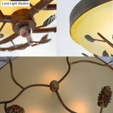 Country Brown Flush Mount Lighting With Dome Frosted Glass Shade - 3 - Light Bedroom