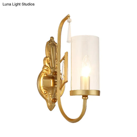 Country Clear Glass Wall Sconce With Curved Arm - Gold Cylinder Surface Lighting For Living Room