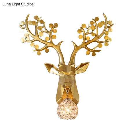 Country Crystal Orb Wall Lamp: Elegant Bedroom Sconce With Elk Resin Backplate - 1 Light White/Gold