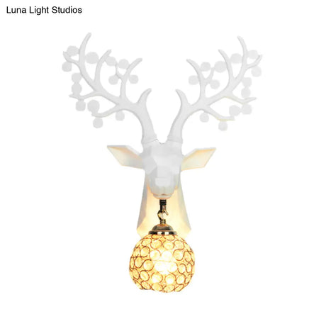 Country Crystal Orb Wall Lamp: Elegant Bedroom Sconce With Elk Resin Backplate - 1 Light White/Gold