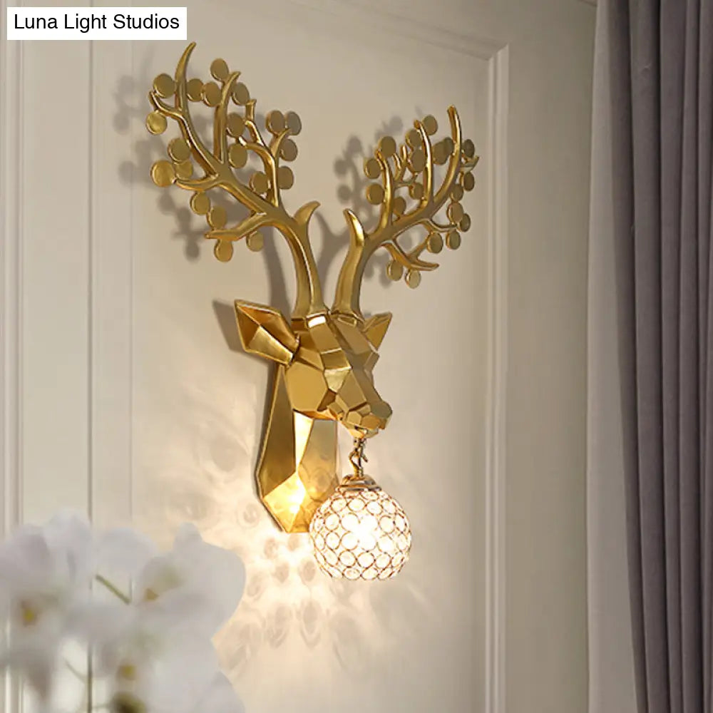 Country Crystal Orb Wall Lamp: Elegant Bedroom Sconce With Elk Resin Backplate - 1 Light White/Gold
