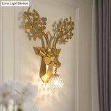 Country Crystal Orb Wall Lamp: Elegant Bedroom Sconce With Elk Resin Backplate - 1 Light White/Gold