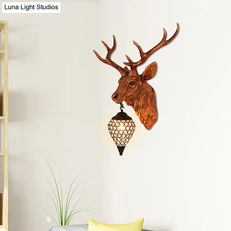 Country Crystal Wall Sconce Lamp With Deer Head Teardrop Beveled Design - 15/20.5/24.5 Wide 1