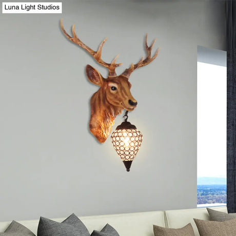 Country Crystal Wall Sconce Lamp With Deer Head Teardrop Beveled Design - 15/20.5/24.5 Wide 1