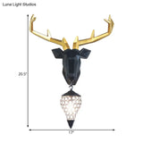Country Deer Resin Wall Lamp With Crystal Shade - Black/Gold 1 Light Sconce Fixture
