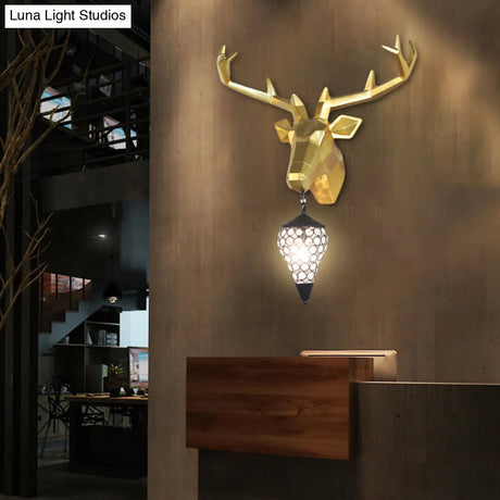 Country Deer Resin Wall Lamp With Crystal Shade - Black/Gold 1 Light Sconce Fixture