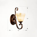 Country Dining Room Wall Sconce With Beige Glass Shade & Coffee Scroll Arm 1 / Flared